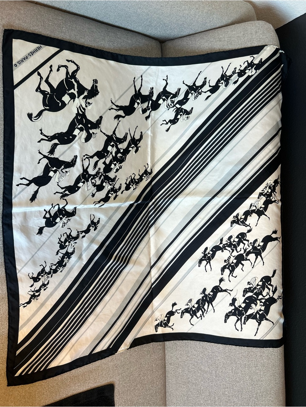 Hermes- Vintage Hermès silk scarf, carré 90, “Les Courses”, Black and White.